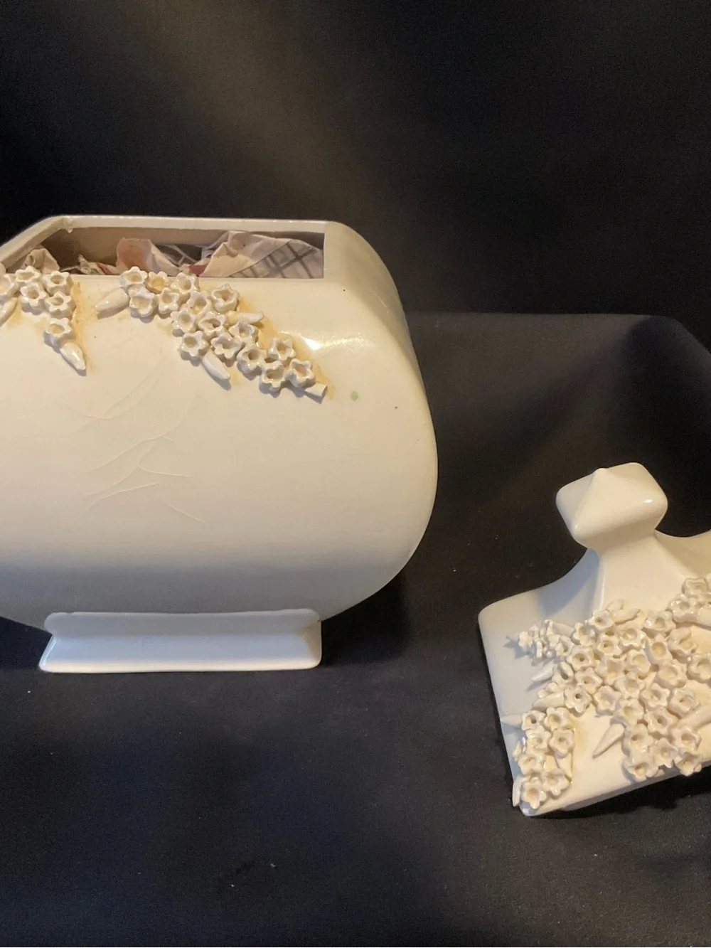 Ivory Ceramic Decorative Covered Jar with Floral Appliqué